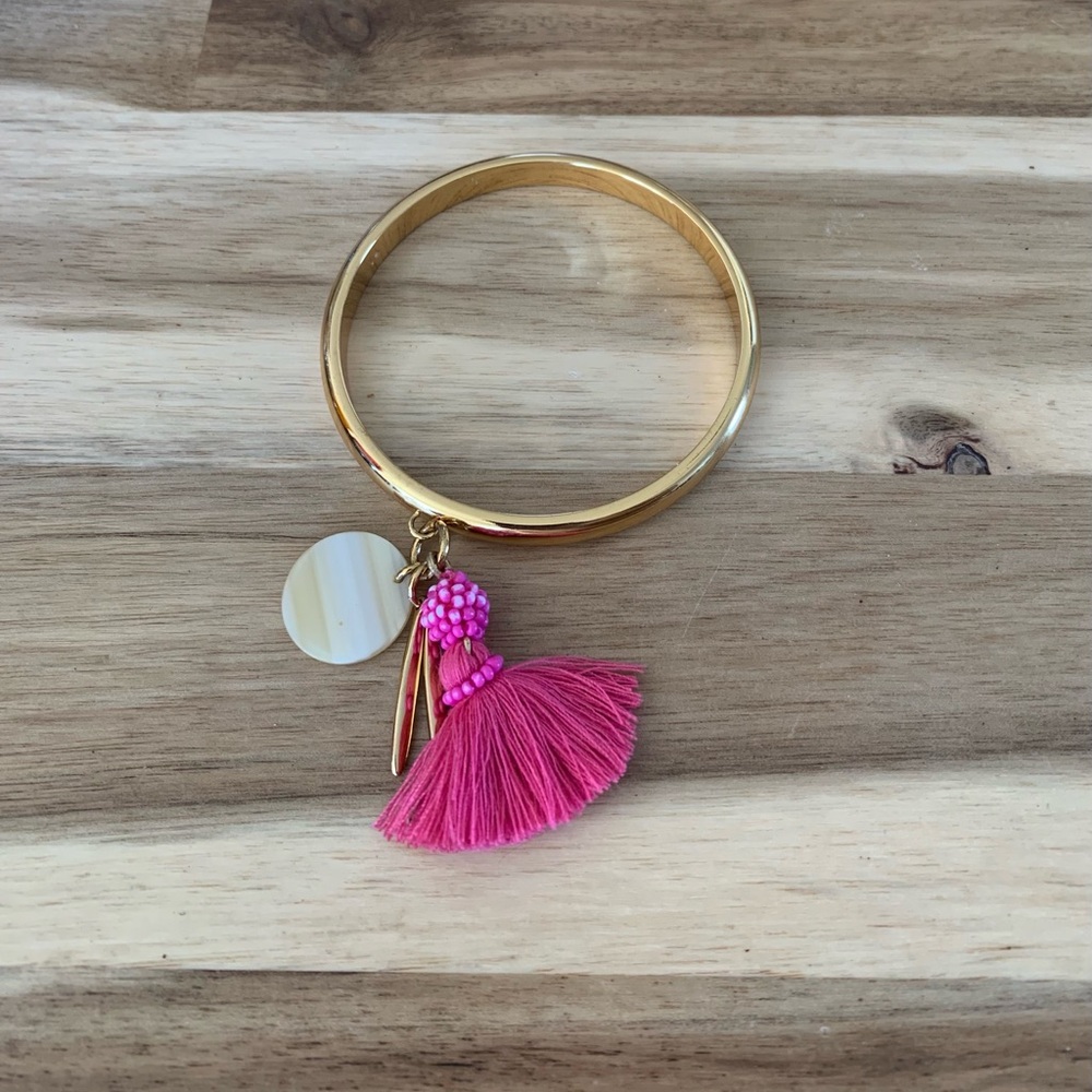 J crew Jcrew golden bangle with seashell charm and pink tassel Bracelet NWOT